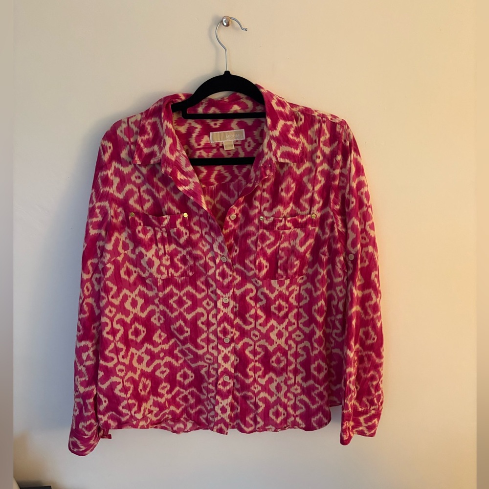 Michael Kors Pink & White Button Down Long Sleeve Top